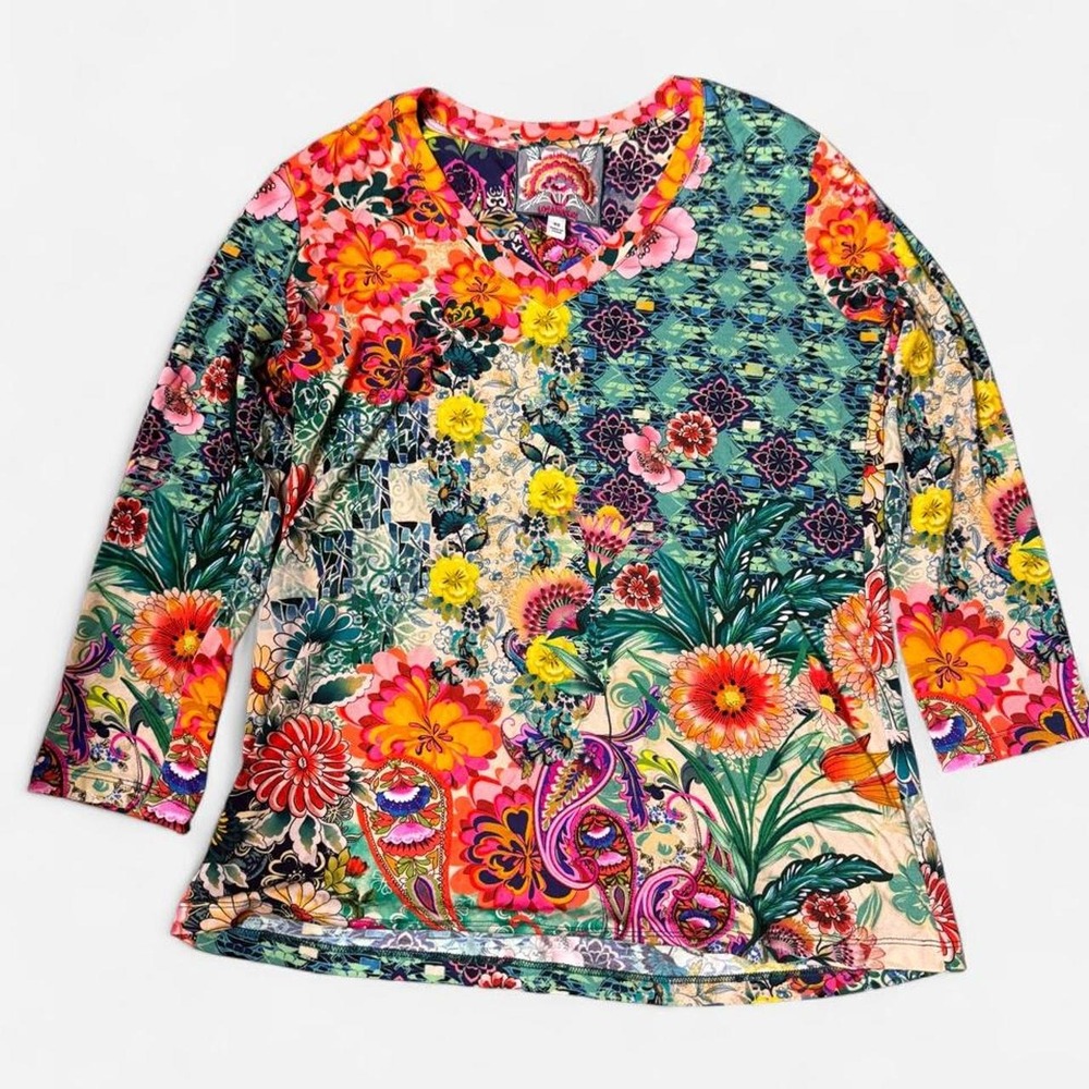 Johnny Was Janie Favorite 3/4 Sleeve V-Neck Top Carlina Scarf Print Womens XS